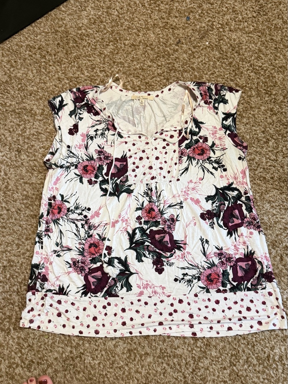 Floral Tie-Neck Cap Sleeve Tunic - Pink/Black